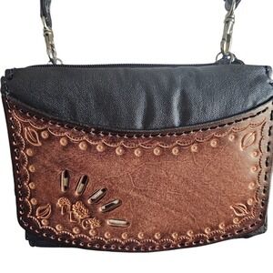 Black and brown leather‎ crossbody bag with tooled leather detailing